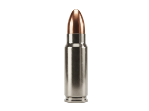 Silver bullet isolated PNG, ammunition for handgun or rifle on transparent background, cartridge for shooting range or hunting
