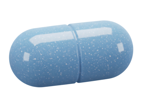 Blue capsule pill isolated PNG, speckled medicine drug for healthcare and pharmaceutical use on transparent background - Powered by Adobe