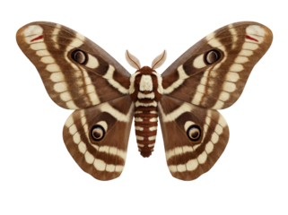 Giant silk moth isolated PNG on transparent background, brown and beige butterfly with eye spots for design and educational use
