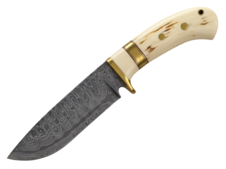 Damascus steel hunting knife with bone handle isolated on transparent PNG, collectible sharp blade for outdoor adventures and survival