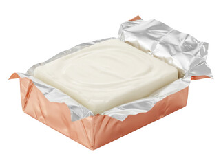 Creamy white cheese block in foil wrapper isolated PNG, soft cheese portion for snack or dessert on transparent background