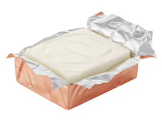 Creamy white cheese block in foil wrapper isolated PNG, soft cheese portion for snack or dessert on transparent background