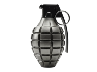 Realistic hand grenade PNG isolated on transparent background, military explosive weapon for army and war games, black metal bomb