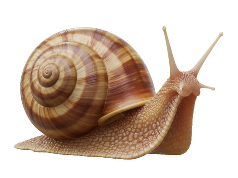 Garden snail isolated PNG on transparent background, brown shell snail with antennae, crawling gastropod mollusk for biology and nature studies