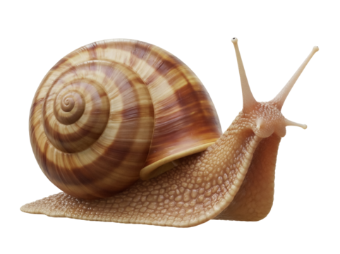 Garden snail isolated PNG on transparent background, brown shell snail with antennae, crawling gastropod mollusk for biology and nature studies