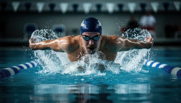 Powerful male athlete swimming the butterfly stroke with intense focus during a competition in a professional indoor pool, creating a dynamic splash of water