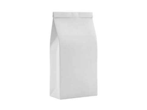 Blank paper bag isolated PNG on transparent background, empty takeaway package for food delivery and branding mock-up