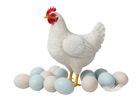 White hen with colorful eggs PNG isolated on transparent background, farm animal clipart for Easter and spring designs