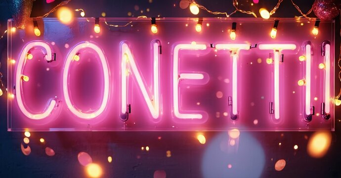 Bright pink neon sign spells CONETTI. Warm lights surround text, creating festive atmosphere. Dark background emphasizes glowing illumination.
