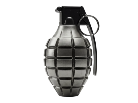 Realistic hand grenade PNG isolated on transparent background, military explosive weapon for army and war games, black metal bomb