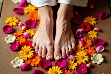 Aerial View of Woman's Feet Enjoying a Tranquil Spa Day with Flower Petals and Essential Oils