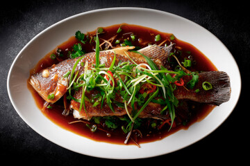 Chinese steamed fish with glossy sauce on black stone background. Top view