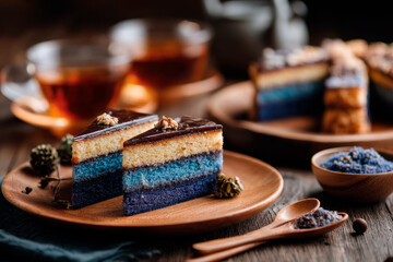 lapis legit cake on a festive table, Indonesian New Year setting, tea cups in background