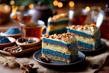 lapis legit cake on a festive table, Indonesian New Year setting, tea cups in background