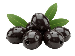 Pile of shiny black olives with green leaves isolated PNG, fresh and juicy fruit for Mediterranean cuisine and healthy eating