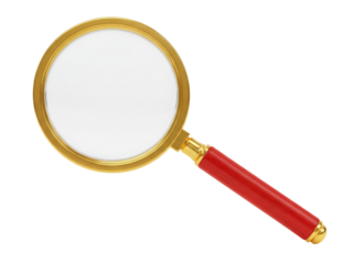 Magnifying glass PNG isolated on transparent background, golden rim and red handle for search and investigation concepts