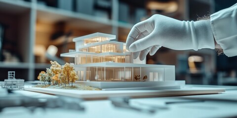 Obraz premium Architect placing miniature tree near modern architectural model of house