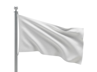 Blank white flag waving on flagpole isolated PNG, empty banner template for design element on transparent background