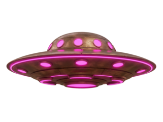 Retro copper UFO with pink lights isolated PNG, vintage flying saucer spaceship on transparent background for science fiction and space exploration themes