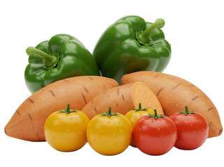 Fresh vegetables isolated PNG, sweet potatoes, green bell peppers, yellow and red tomatoes on transparent background, healthy eating concept