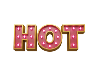 Retro HOT sign isolated PNG on transparent background, vintage marquee letters with glowing light bulbs for advertising and promotion