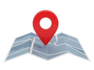Red map pointer on folded map isolated PNG, location pin icon for navigation and travel planning on transparent background