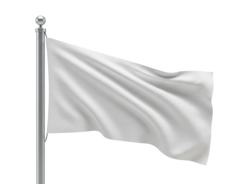 Blank white flag waving on flagpole isolated PNG, empty banner template for design element on transparent background