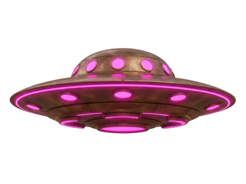 Retro copper UFO with pink lights isolated PNG, vintage flying saucer spaceship on transparent background for science fiction and space exploration themes