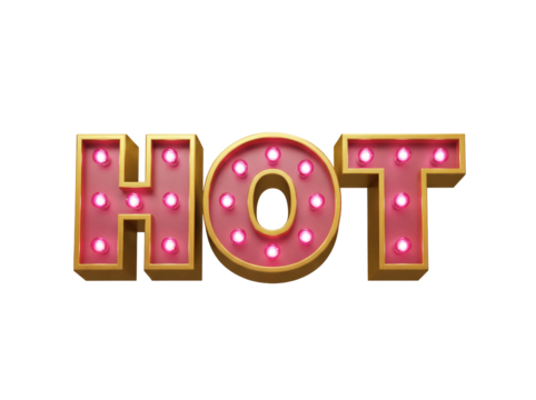 Retro HOT sign isolated PNG on transparent background, vintage marquee letters with glowing light bulbs for advertising and promotion