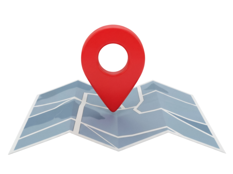Red map pointer on folded map isolated PNG, location pin icon for navigation and travel planning on transparent background