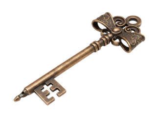 Ornate bronze key PNG isolated on transparent background, antique style skeleton key for design elements and vintage themes