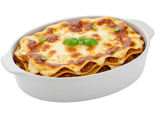 Delicious lasagna in a white dish isolated PNG, classic Italian comfort food with layers of pasta, meat sauce, cheese and basil on transparent background