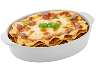 Delicious lasagna in a white dish isolated PNG, classic Italian comfort food with layers of pasta, meat sauce, cheese and basil on transparent background