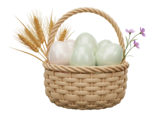 Easter basket with eggs and wheat PNG isolated on transparent background, spring holiday still life for greeting cards and design