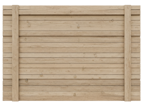 Wooden fence panel PNG isolated on transparent background, rustic timber planks with vertical supports for garden or construction use