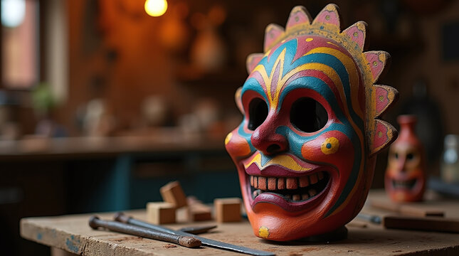 Colorful Tribal Mask with Intense Expression on Woodworking Table in Workshop