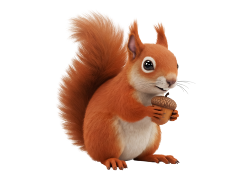 Cute red squirrel holding an acorn isolated PNG, adorable cartoon animal on transparent background for design and decoration