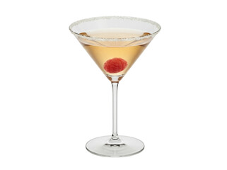 Elegant martini glass with sugared rim and raspberry isolated PNG, festive cocktail for celebrations and special occasions