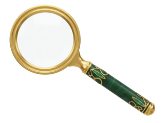 Golden magnifying glass PNG isolated on transparent background, vintage style detective tool for investigation and reading