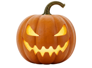Spooky jack-o -lantern PNG isolated, glowing Halloween pumpkin with scary face on transparent background for holiday decoration