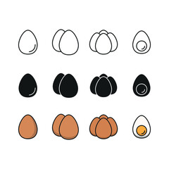 Egg set icon line glyph color for breakfast food and kitchen ingredient illustration