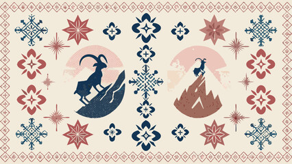 Charming alpine folk art pattern with mountain goats, stars, and floral elements, perfect for cozy winter designs and rustic decor, timeless and evocative