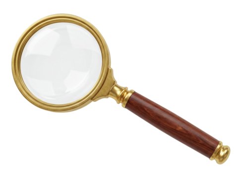 Magnifying glass with wooden handle isolated PNG, golden frame search tool for investigation and close-up examination on transparent background