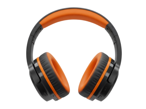 Black and orange wireless headphones isolated PNG, audio equipment for music listening and entertainment on transparent background