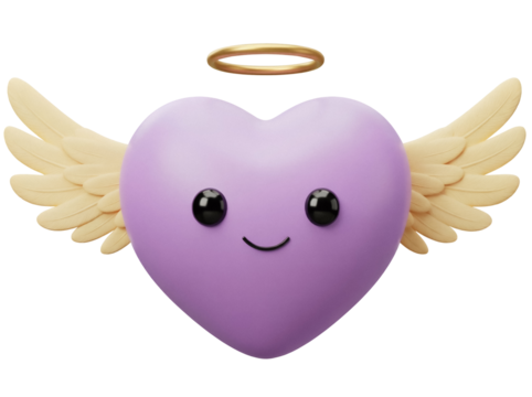 Cute purple heart with wings and halo PNG isolated on transparent background, love and Valentine s Day concept