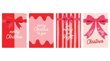 Collection of four modern and colorful christmas greeting card designs featuring pink and red color palettes, bows, stripes, and festive holiday messages in a flat graphic style