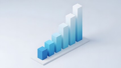Ascending Blue Gradient 3D Bar Chart on White Base Minimalist Isometric Data Visualization.