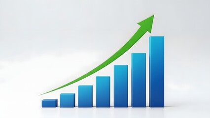 Ascending Blue Bar Graph with Green Arrow on White Background.