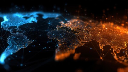 Digital world map with glowing blue and orange network connections