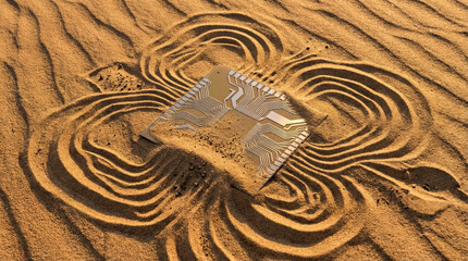 Semiconductor Microchip on Desert Sand with Circuit Formations Demonstrating Information Flow